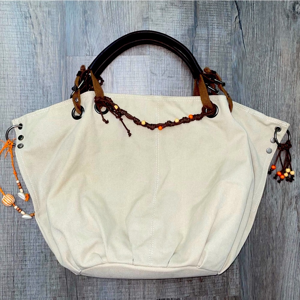 Canvas Hand Bag Tote Purse Boho Cottagecore Leather Straps, Bag Charms EUC